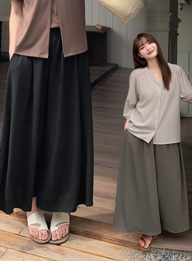 大码女装200斤胖mm早秋高腰显瘦阔腿裤宽松松紧腰山本风长裤32095