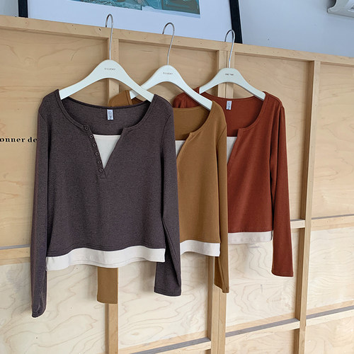 微胖mm撞色V领假两件打底针织衫