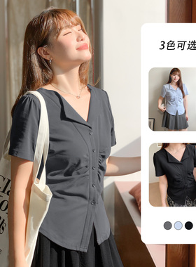 胖mm正肩泡泡袖显瘦短袖针织小衫大码女装胸前缩褶收腰上衣32256