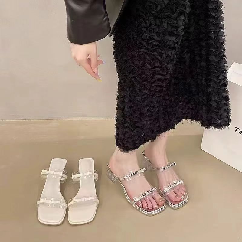 2026新款法式透明粗跟低跟拖鞋女夏外穿时尚仙女风蝴蝶结配裙凉拖