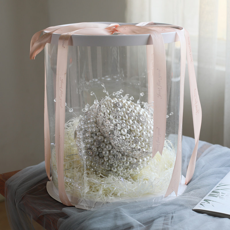 珍珠水钻新娘手捧花礼盒组合套装闺蜜婚礼礼物包装盒拉菲草透明