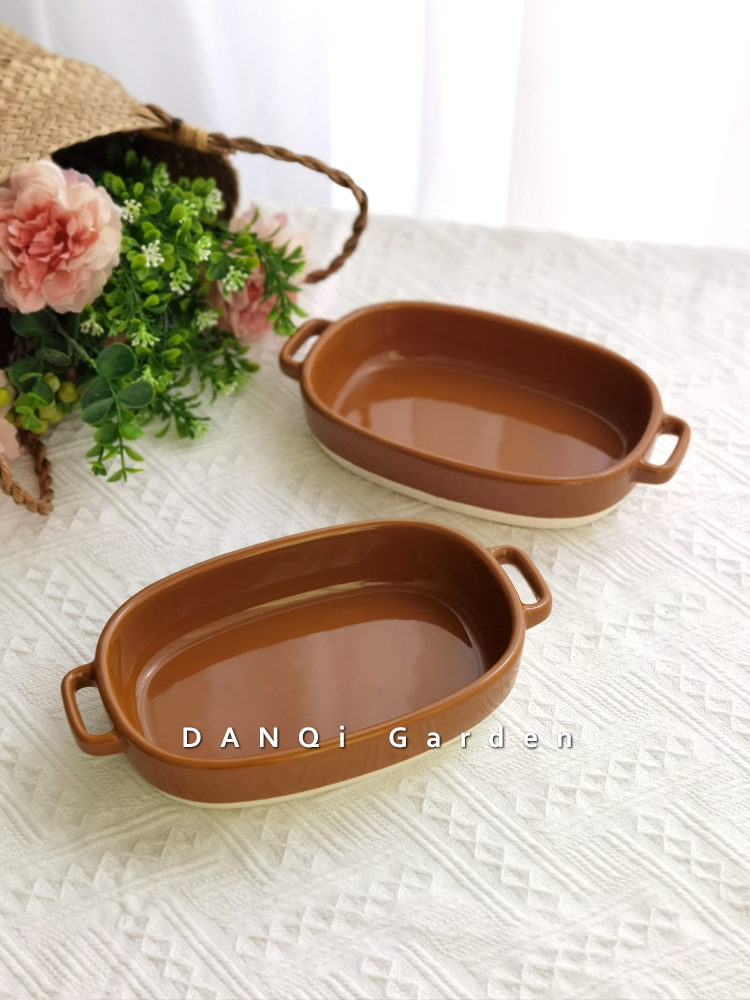 DANQi Garden 出口双耳椭圆盘简约日式一人食烤盘烤箱深盘菜盘子