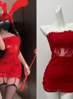 is cat：赤焰织梦 一字肩红色蕾丝抹胸连衣裙性感辣妹收腰包臀裙