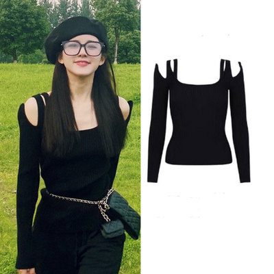 露肩黑色设计感弹力t恤同款衣服