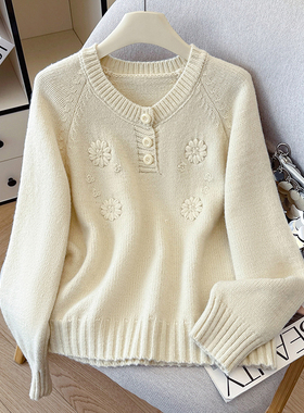 有货秋冬温柔紫色花朵刺绣韩版圆领套头针织女加厚重工毛衣上衣