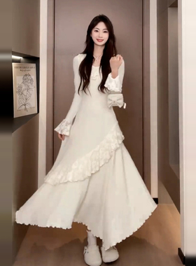 法式白色蕾丝长袖连衣裙子女秋冬季2025新款气质巨好看收腰长裙子
