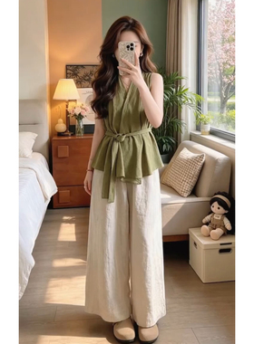 轻熟风气质穿搭一整套时尚休闲无袖绑带上衣阔腿裤子两件套装夏季