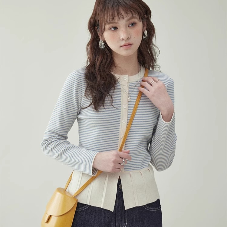 北岛AMUU原创拼色条纹百褶下摆针织衫女早秋新款小众长袖上衣