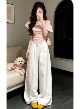 一字肩上衣休闲阔脚裤两件套装女夏季2026新款巨好看漂亮穿搭ootd
