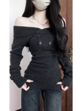 灰色一字肩针织毛衣女秋冬2025年新款韩系辣妹慵懒风软糯露肩上衣