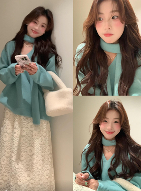 蓝色v领毛衣女秋冬季2025新款韩系慵懒高级感外穿内搭针织衫上衣