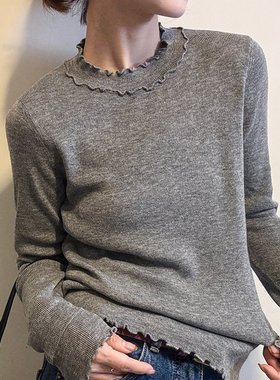 韩系灰色木耳边假两件针织打底衫女秋冬设计感修身显瘦内搭上衣厚