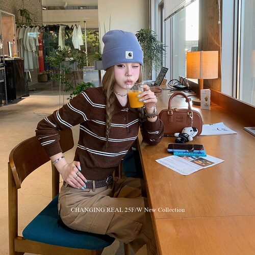 CHANGINGREAL布朗可可棕色条纹针织polo衫女春季撞色长袖上衣