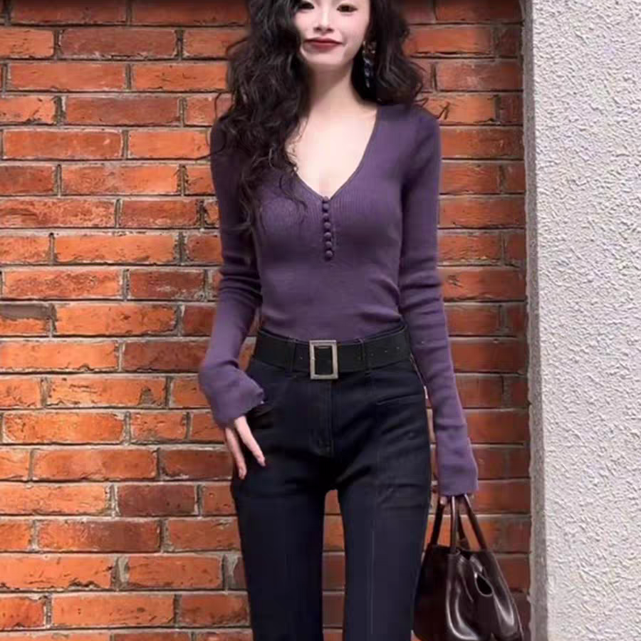 紫色V领长袖针织打底衫女秋冬季毛衣巨好看气质内搭修身纯欲上衣
