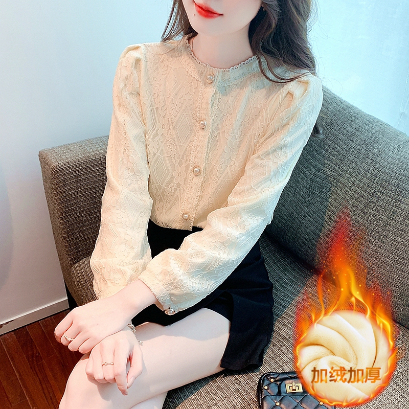 时尚蕾丝打底衫女士冬装2025年新款加绒加厚时髦洋气小衫法式上衣