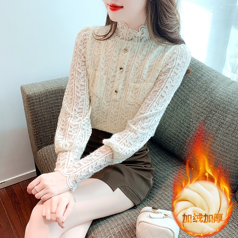经典百搭重工蕾丝衫2025冬装新款女装半高领加绒加厚蕾丝小衫