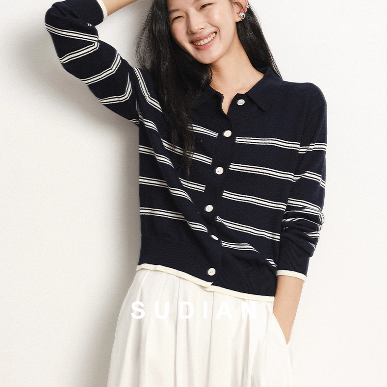 桑蚕丝+绵羊毛素典经典条纹针织开衫2025秋季新款显瘦打底衫