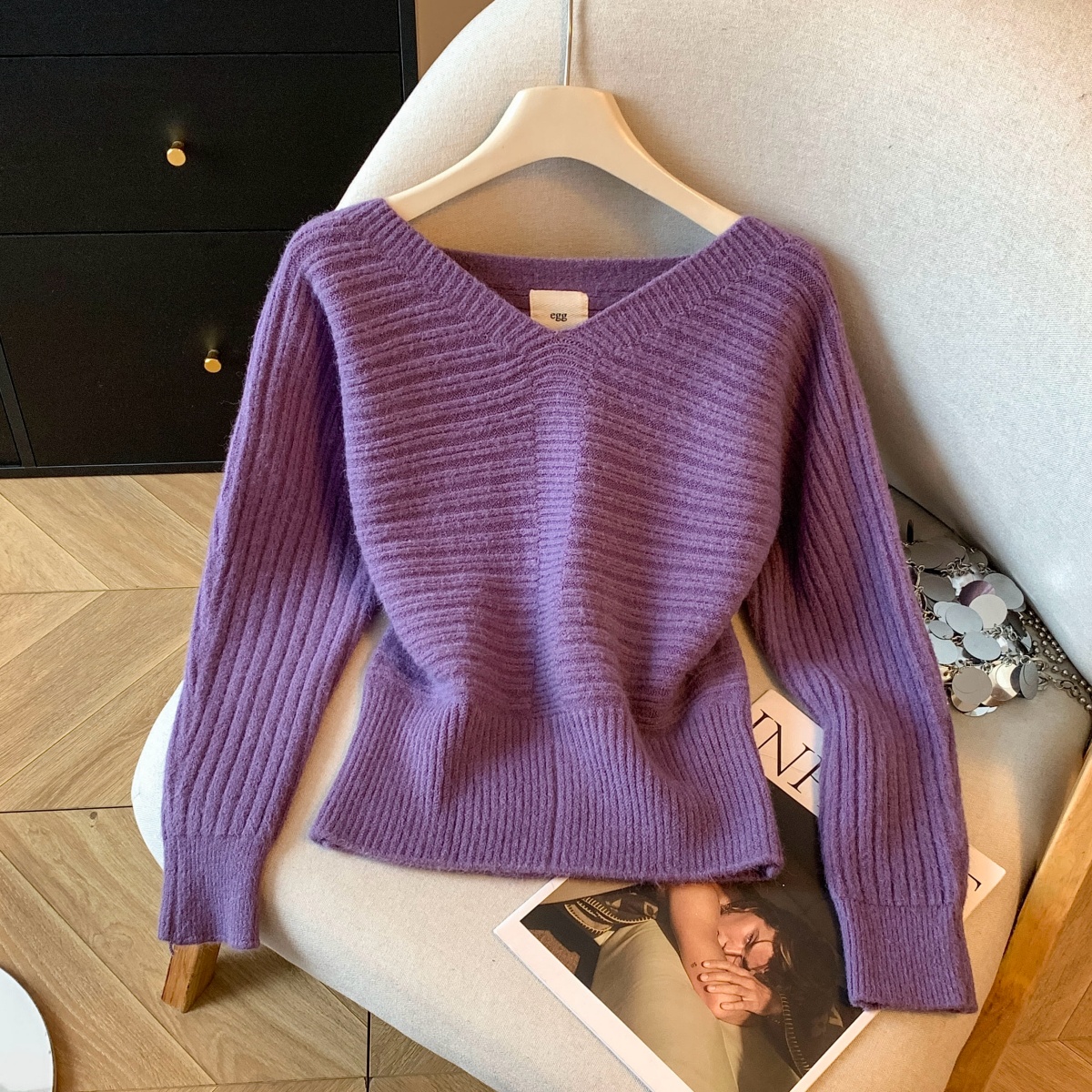 实拍韩系穿搭v领时尚毛衣女秋冬软糯马海毛长袖针织衫慵懒上衣