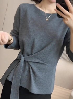 灰色圆领长袖绑结T恤女2025秋季新款小众设计感时尚气质百搭上衣