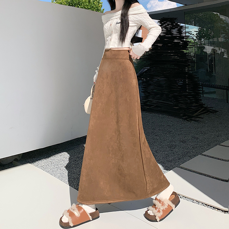 实拍2025秋冬季鹿皮绒长裙女春秋高腰直筒提花半身裙设计感长裙裙