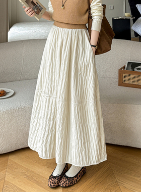 韩系新款白色夹棉工艺半身裙女松紧腰显瘦加绒中长裙口袋a字伞裙