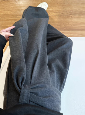 灰色加厚毛呢西装阔腿裤女秋冬季设计感绑带高腰垂感直筒休闲裤子