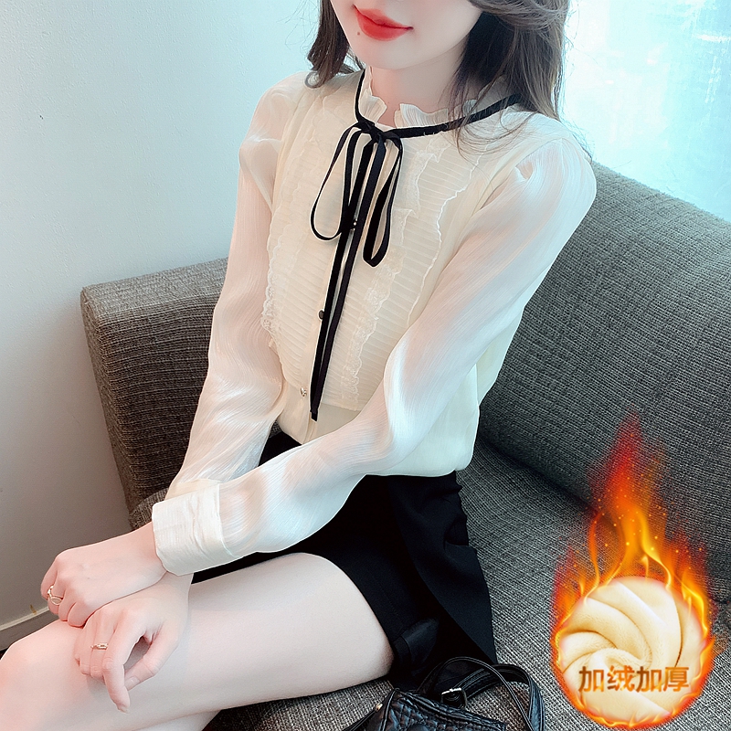 冬装新款少女设计感丝绒织带加绒加厚蕾丝花边内搭打底长袖衬衫女