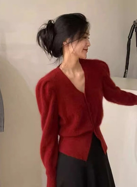 JWUNIQUE红色针织开衫外套女秋冬2025新款泡泡袖休闲百搭短款毛衣