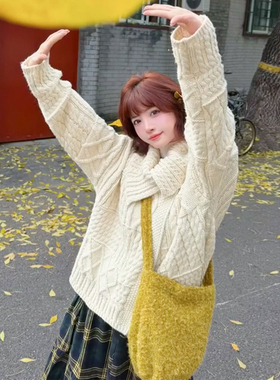 慵懒风松弛白色翻领女士毛衣厚外套2025新款秋冬宽松针织休闲上衣