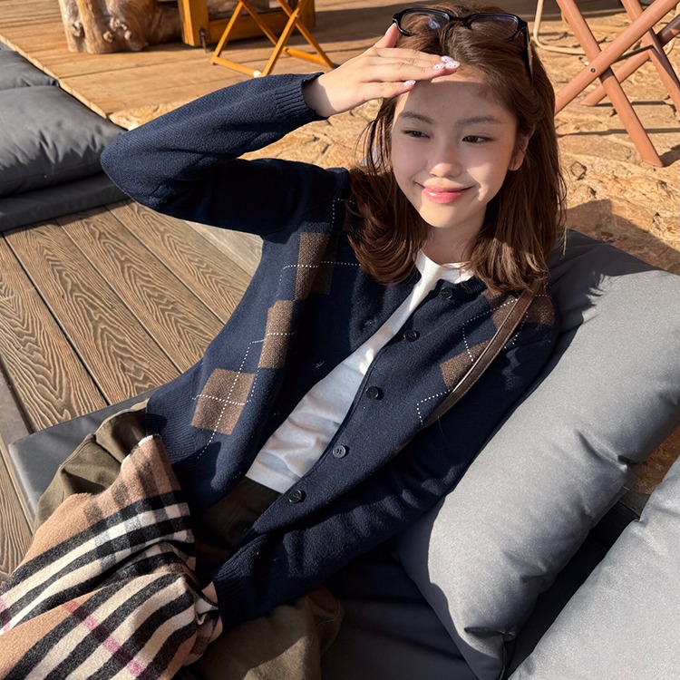 Tuuuh图画本 菱格纹针织衫圆领开衫女秋季韩系显瘦撞色早秋外套