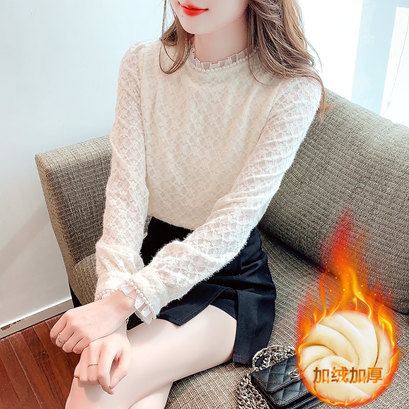 洋气木耳边蕾丝打底衫女士2025冬季新款加绒加厚内搭小衫上衣