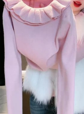 喇叭袖花瓣领纯色粉红色上衣女2025冬软糯甜美温柔风宽松通勤毛衣