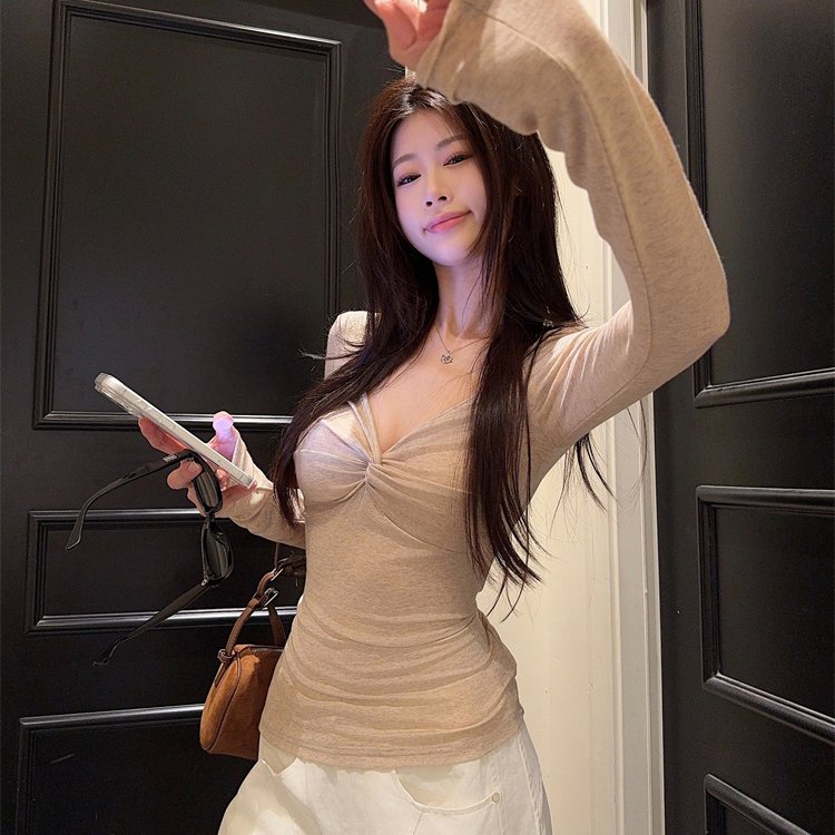 sheepland天使肌肤 天丝羊毛v领扭结长袖t恤女秋冬内搭上衣打底衫