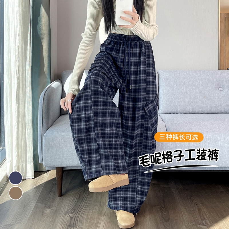 实拍2025秋冬新款复古毛呢格子弯刀工装裤高腰两穿运动裤休闲裤女
