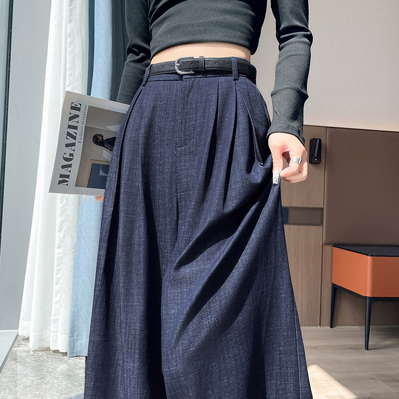 复古老钱风竹节仿牛仔阔腿裤女2025年秋季新款松弛垂感慵懒休闲裤