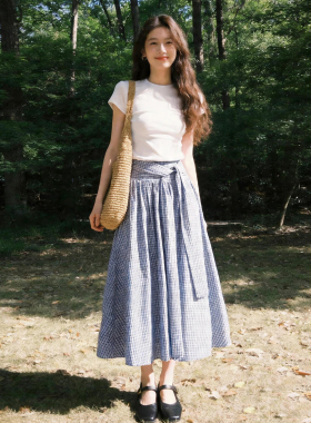 巨好看蓝色格子半身连衣裙子女夏季2026新款韩系穿搭一整套装长裙