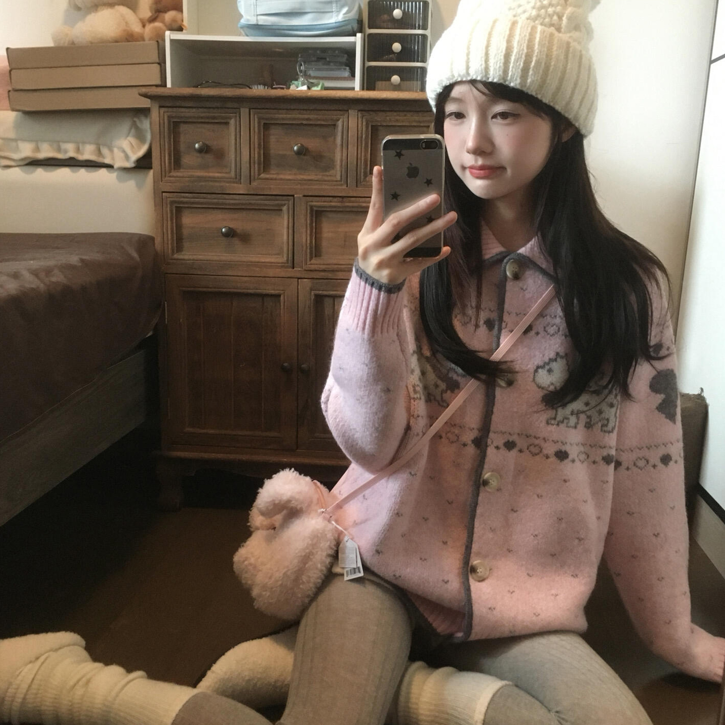 费尔岛毛衣慵懒高级感宽松针织开衫外套女秋冬季2025新款粉色上衣