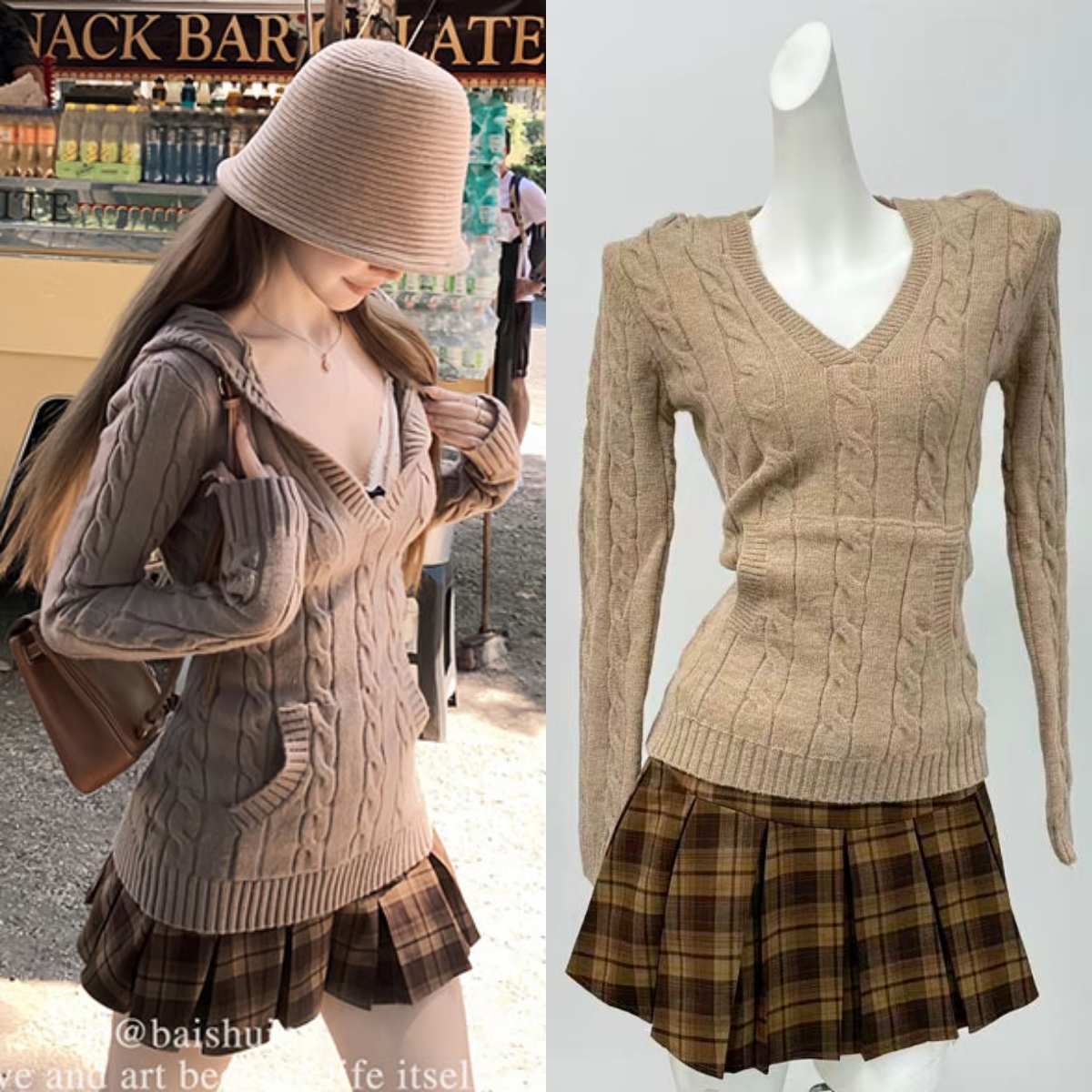 白水女 博尔盖塞公园 V领麻花针织衫女初秋收腰显瘦气质连帽上衣