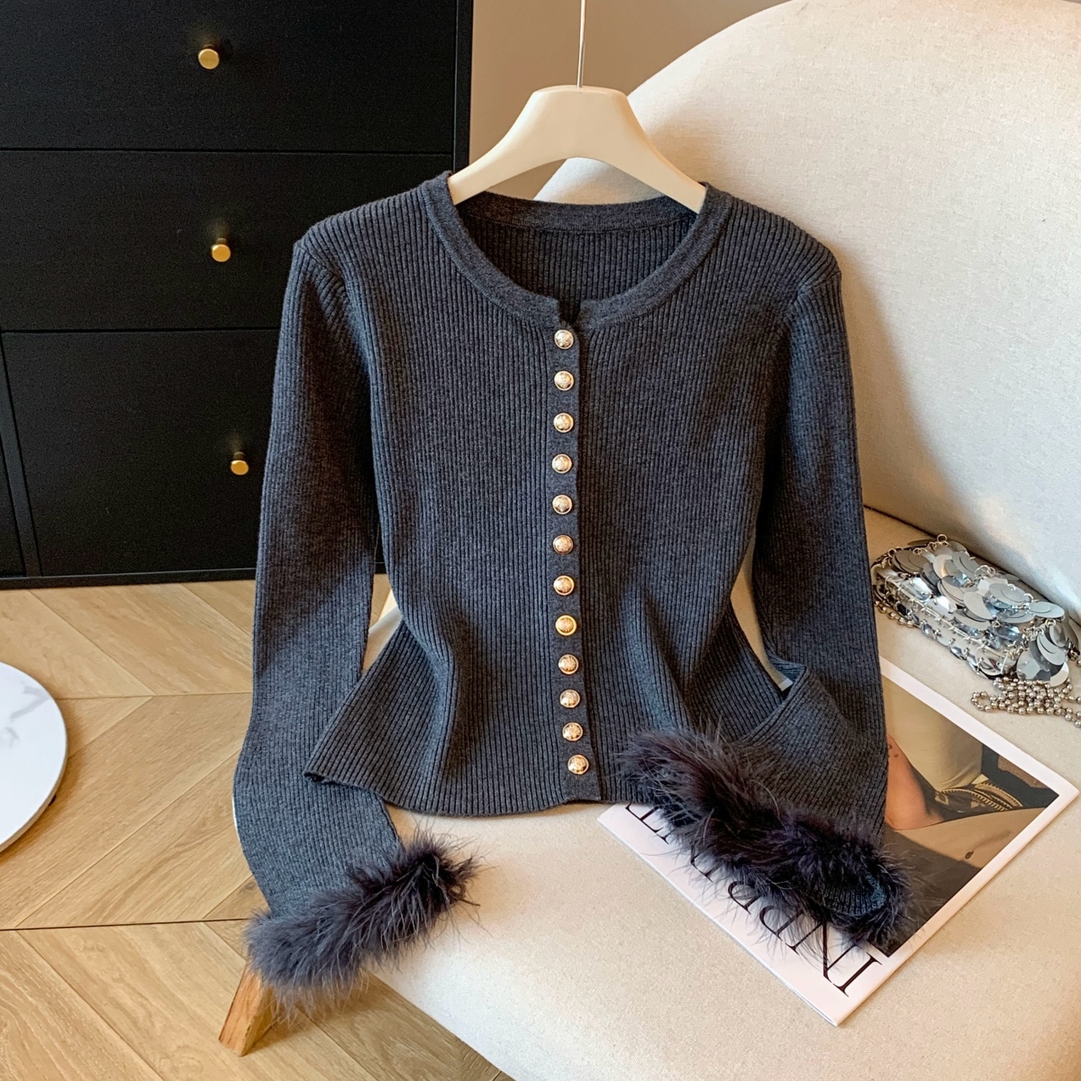 实拍冬季新款小香风气质小女人毛毛袖子圆领针织衫毛衣内搭上衣