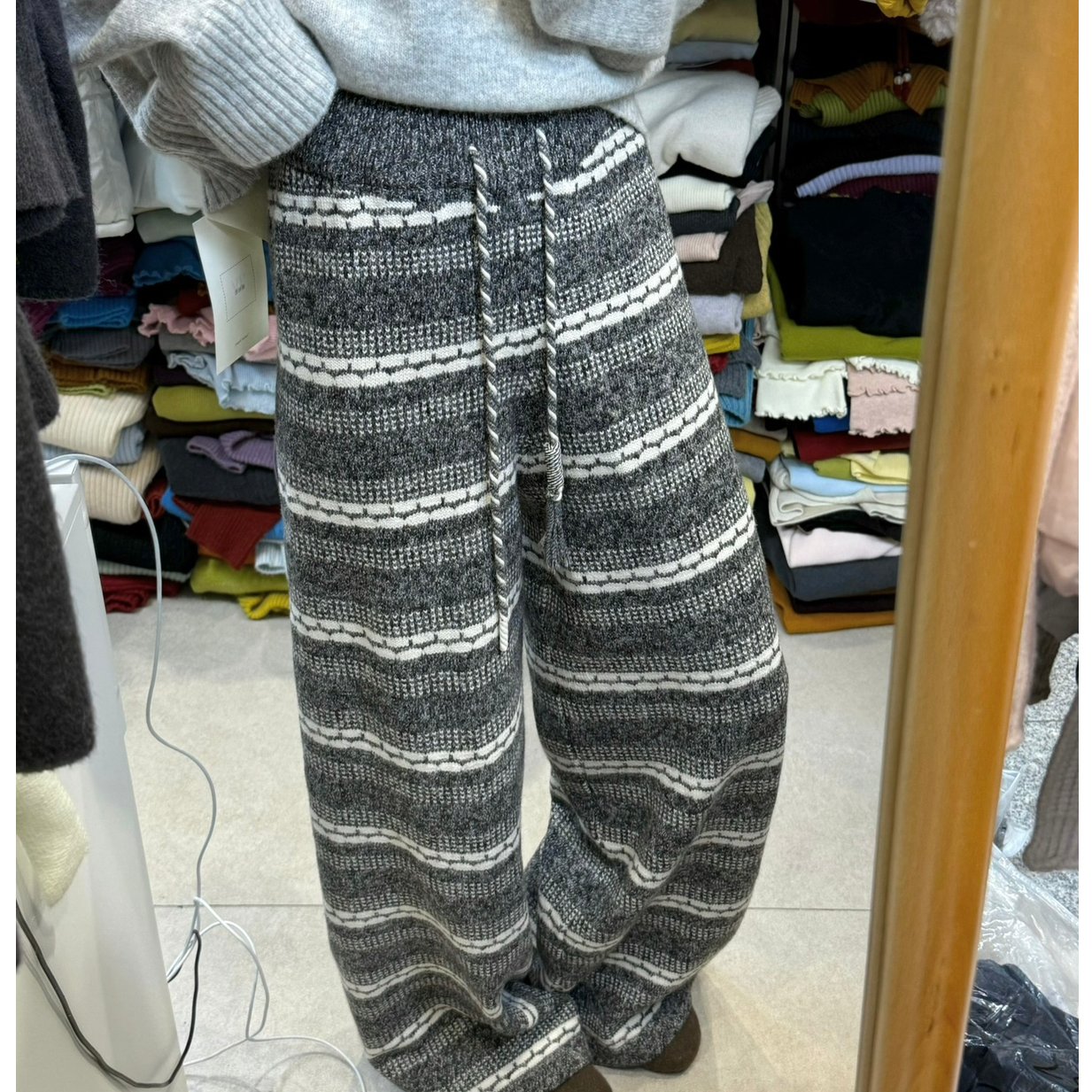 重磅针织慵懒花纹撞色条纹裤百搭高腰阔腿裤