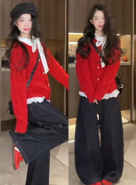 过新年穿搭红色毛衣女秋冬季本命年新款慵懒风小个子气质针织开衫