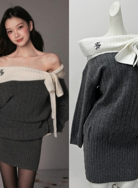 Moster Timnothy原创一字肩蝴蝶结厚款连衣裙氛围感针织长袖毛衣