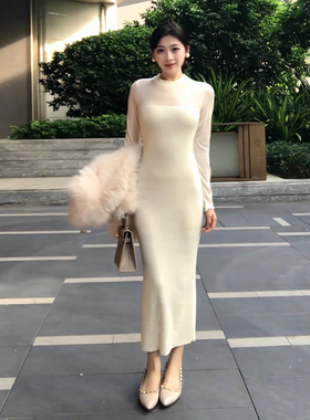 白色圆领长袖连衣裙子女2025秋冬季内搭裙纯欲收腰鱼尾裙包臀长裙