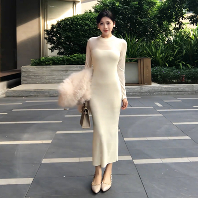 白色圆领长袖连衣裙子女2025秋冬季内搭裙纯欲收腰鱼尾裙包臀长裙