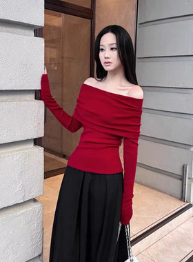 werkwen 圣诞红 设计感丝光羊毛一字肩高级感长袖针织衫打底上衣