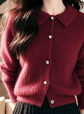 氛围感软糯红色仿貂毛衣女冬季新款宽松慵懒风新年红圣诞针织衫