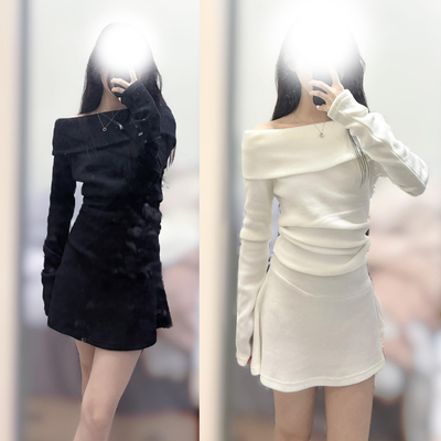 2025新款白色一字肩连衣裙子女巨好看气质内搭打底包臀短裙秋冬季