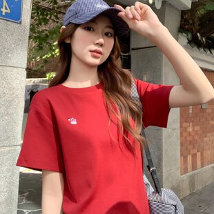 简约百搭圆领刺绣短袖t恤女2026新款设计高级感修身打底小衫上衣