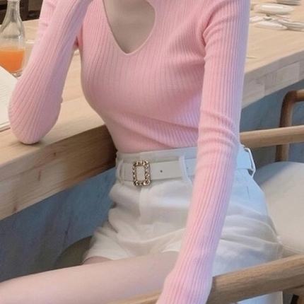 轻熟风粉色不规则镂空针织衫长袖女早秋季新款修身显瘦打底上衣潮