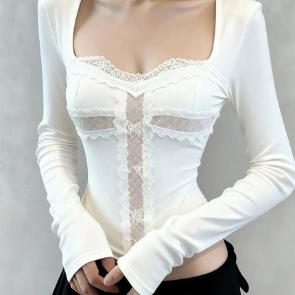 Rase le sol‘Cross Ode’蕾丝十字分割打底衫修身收腰长袖上衣